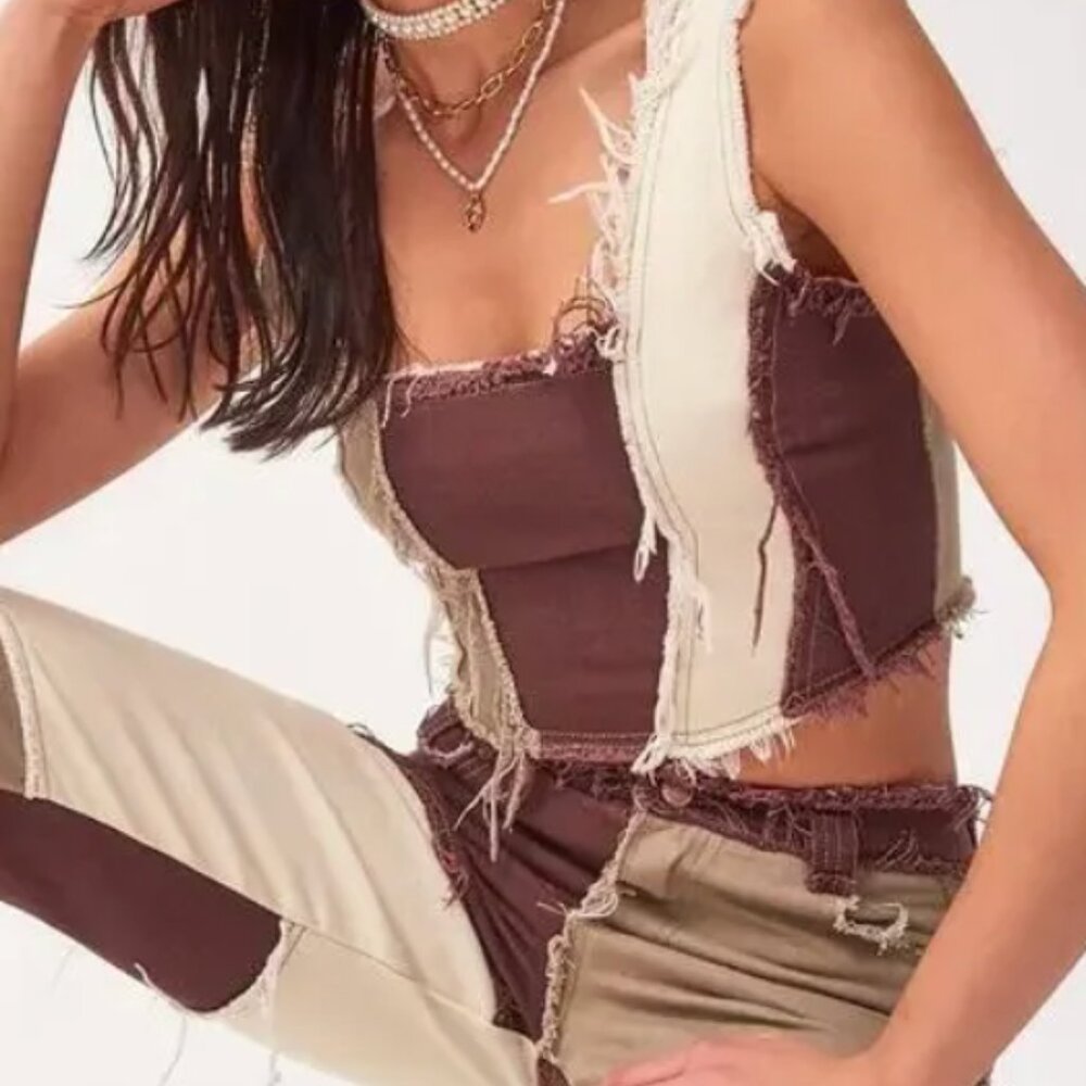 Jaded London Brown Denim Patchwork Tank Top